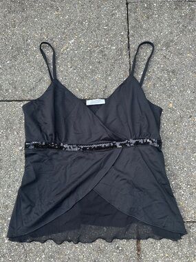 Pimkie Black Sequin Wrap Cami Top Whimsy Goth Y2K Size Large